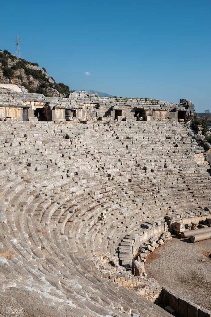 Sunlit ancient Roman theater in Demre, Antalya, showcasing historical architecture.